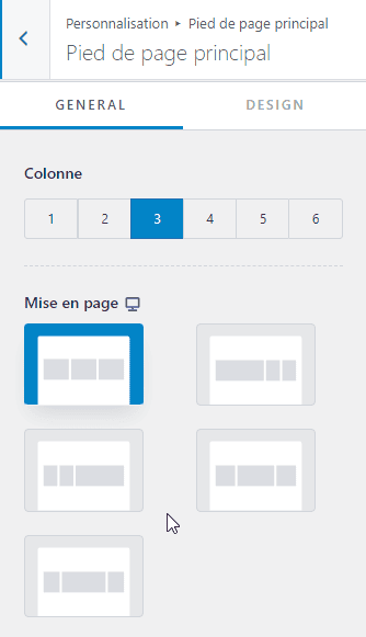 Onglet général du pied de page