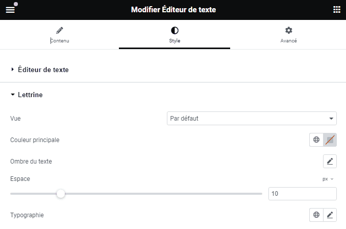 Les paramètres de lettrine