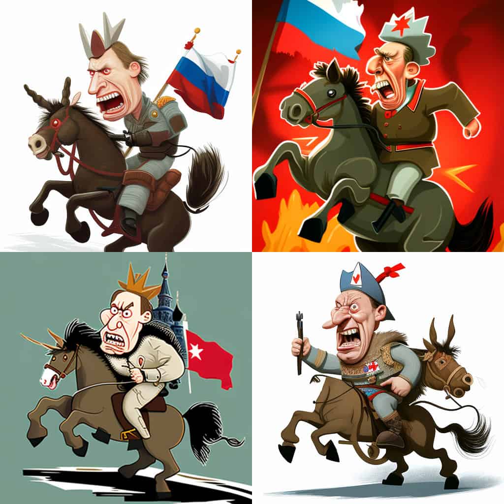 Caricature de Poutine qui envahit l'Europe sur un âne