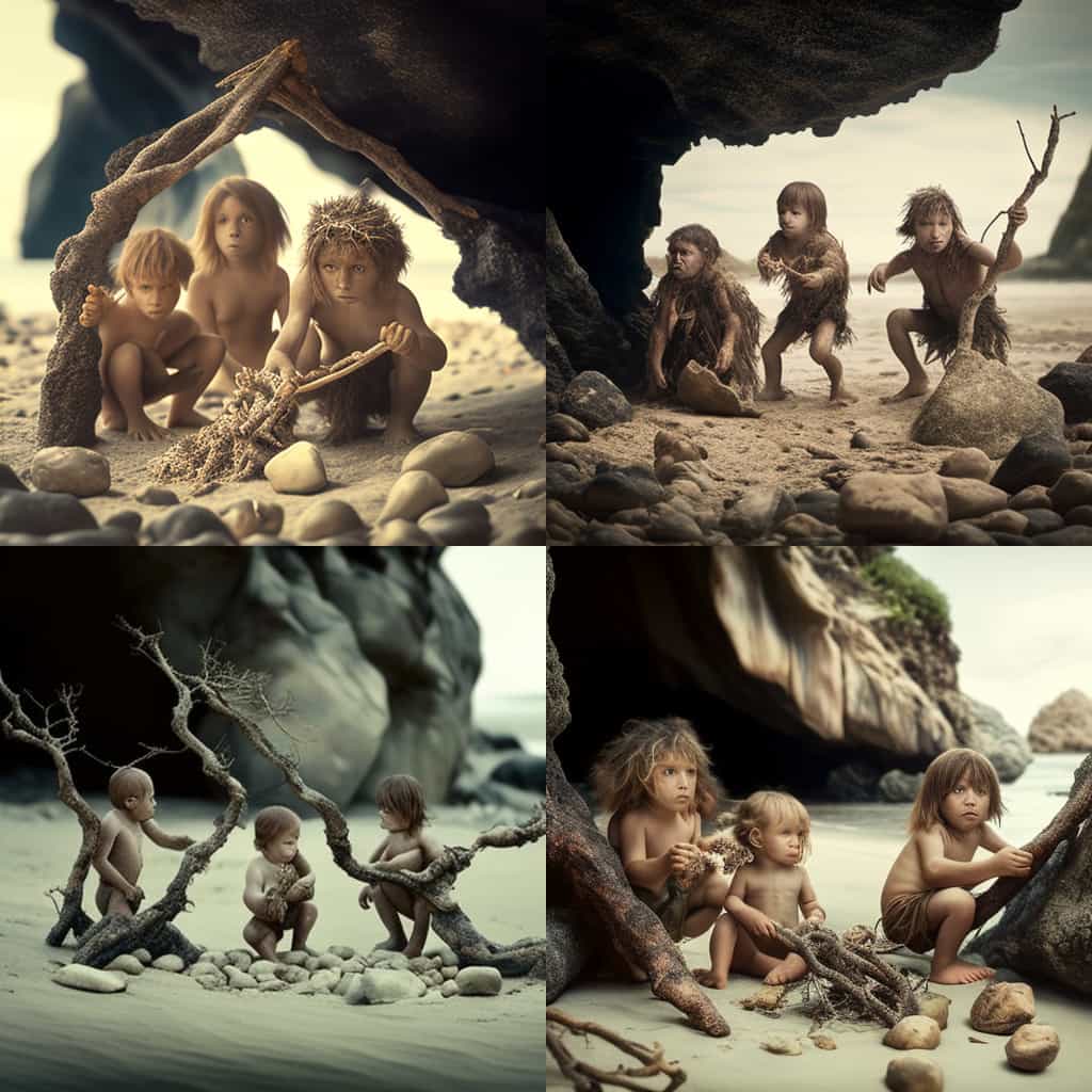 Enfants Neanderthal jouant sur la plage