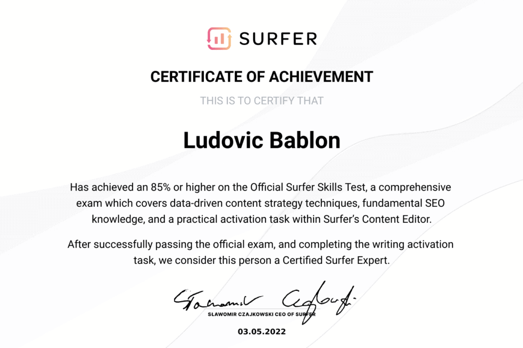Certificat Surfer SEO
