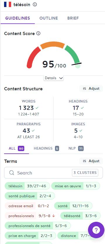 Content Score dans Surfer SEO sur le mot-clé Télésoin