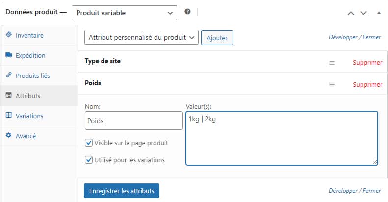 Attributs de produit WooCommerce