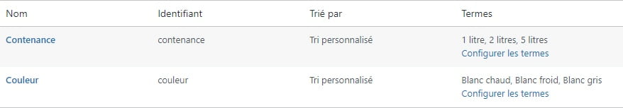 Attributs produit configurer les termes