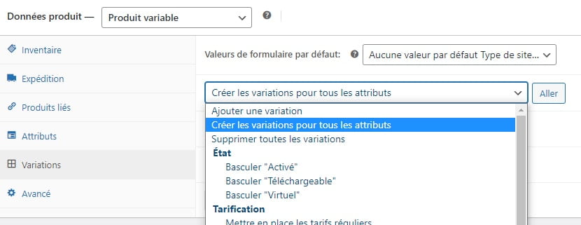 Créer les variations pour tous les attributs