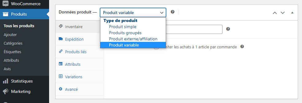 Produit variable WooCommerce