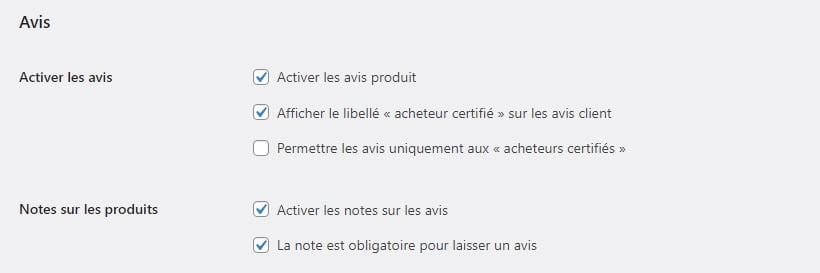 Réglages WooCommerce - Avis