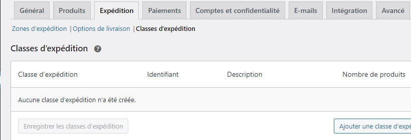 Réglages WooCommerce - Classes d'expédition