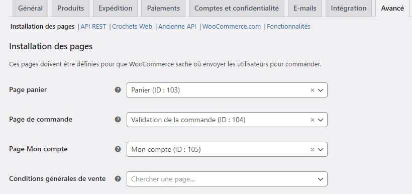 Réglages WooCommerce - Installation des pages