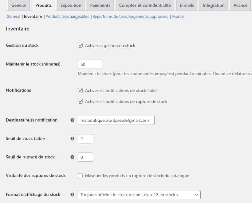 Réglages WooCommerce - Inventaire