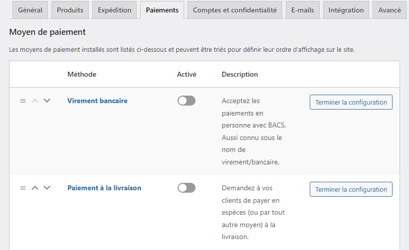 Réglages WooCommerce - Moyen de paiement