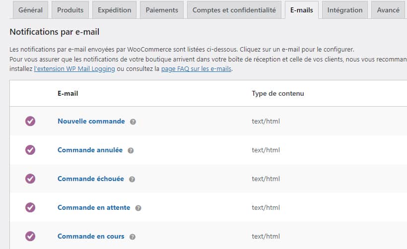 Réglages WooCommerce - Notifications par e-mail