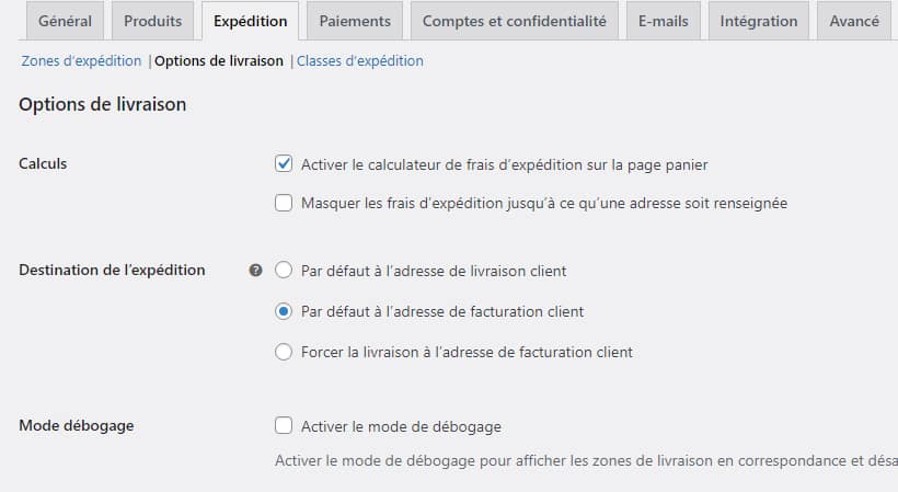 Réglages WooCommerce - Options de livraison
