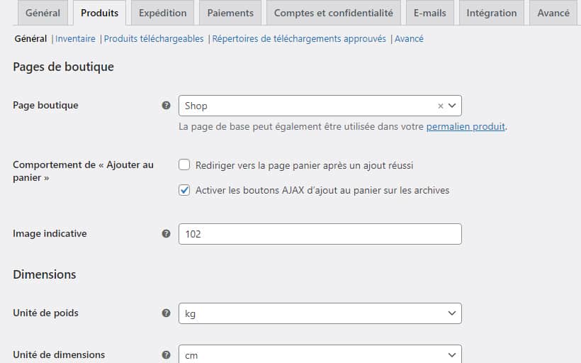 Réglages WooCommerce - Pages de boutique