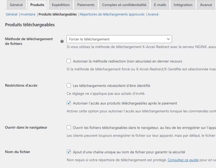 Réglages WooCommerce - Produits téléchargeables