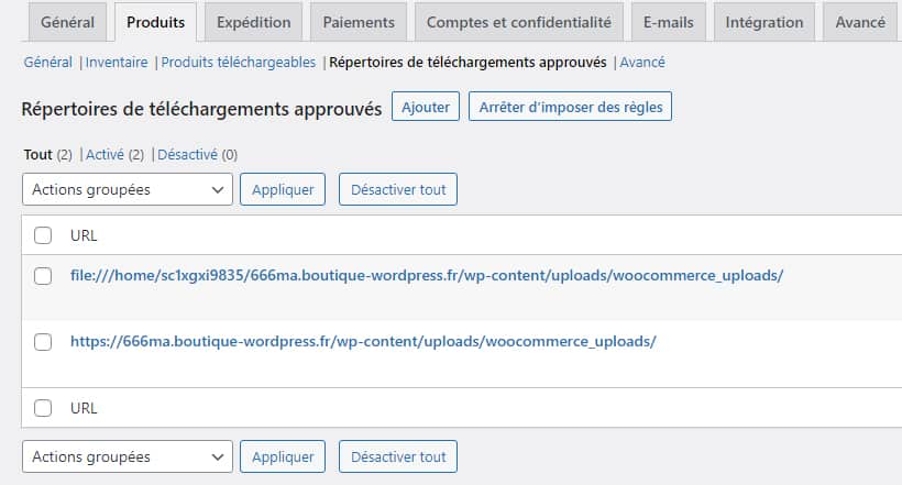 Réglages WooCommerce - Répertoires de téléchargements approuvés