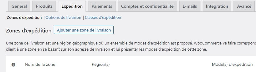 Réglages WooCommerce - Zones d'expédition