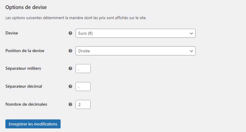 Réglages généraux WooCommerce - Options de devise