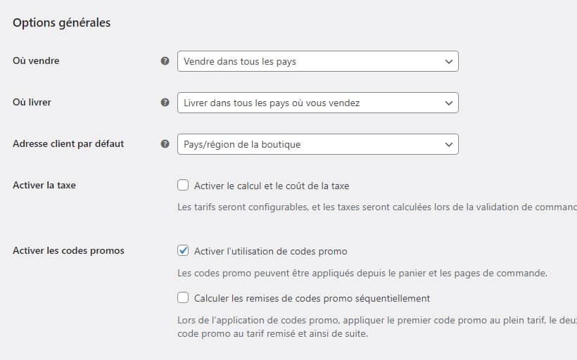 Réglages généraux WooCommerce - Options générales