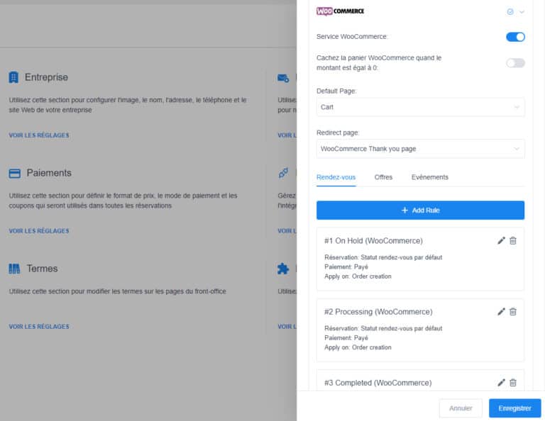Réglages de WP Amelia pour activer WooCommerce