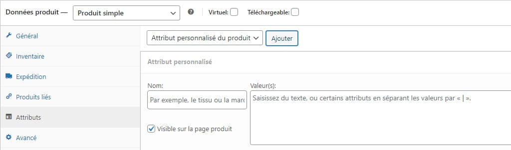 WooCommerce Produit simple Attributs