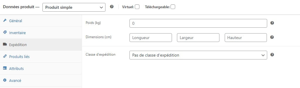 WooCommerce Produit simple Expédition