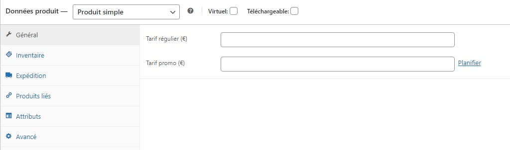 WooCommerce Produit simple données produit