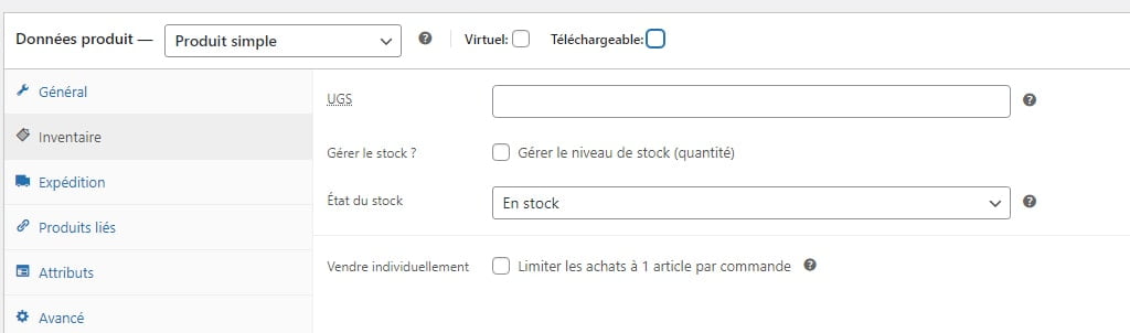 WooCommerce Produit simple inventaire