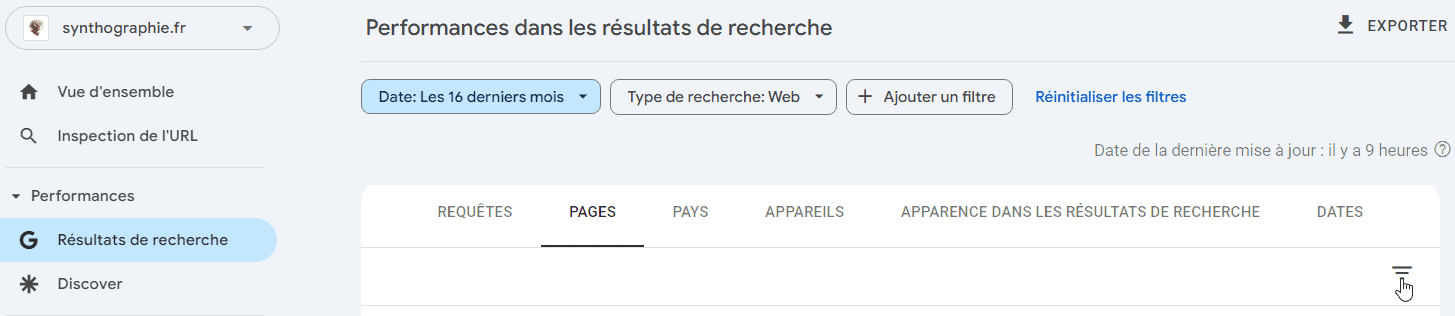 Filtrer par clics impressions positions dans Google search console
