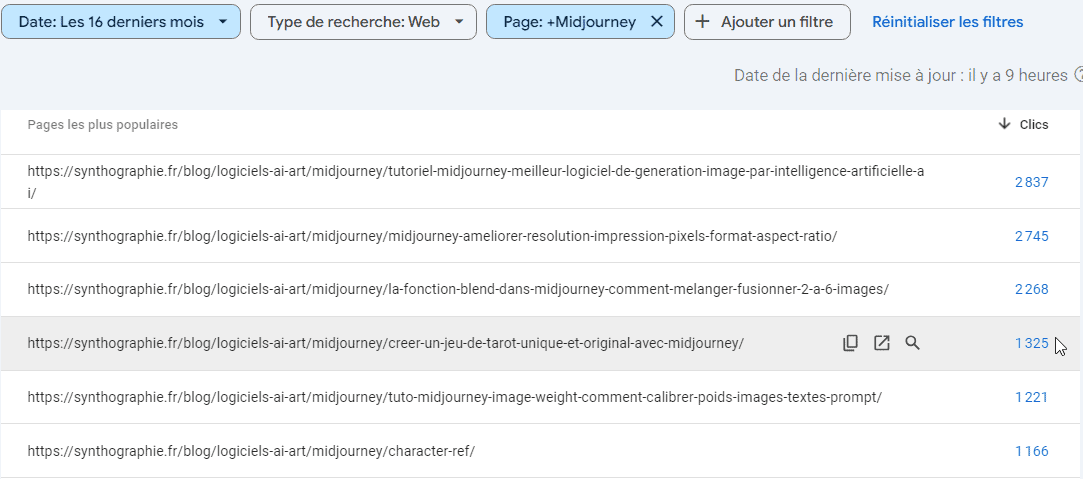 Résultat du filtre GSC Url contenant