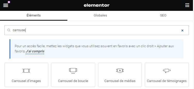 4 types de carrousels différents parmi les widgets Elementor
