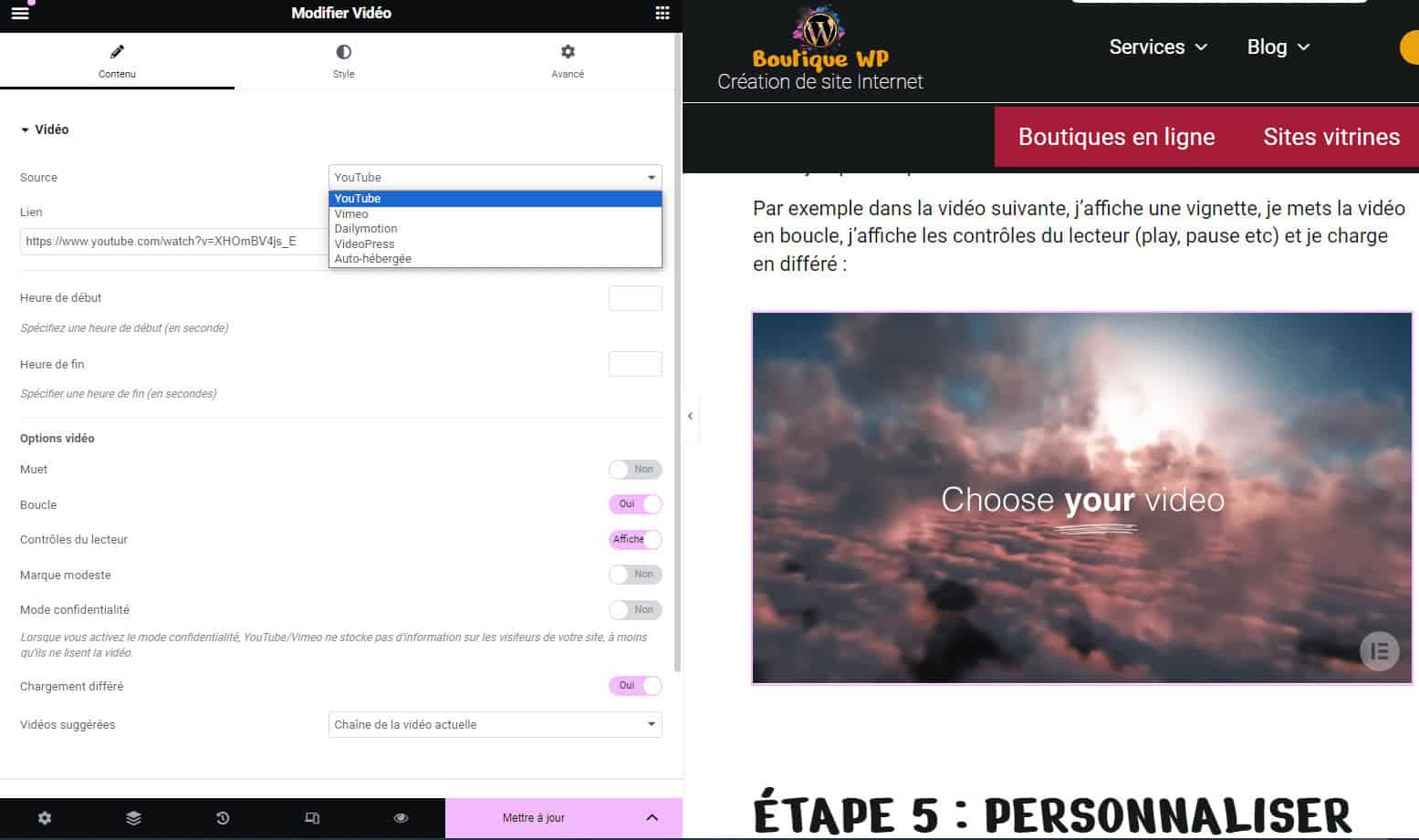 Widget vidéo d'Elementor : choix de la source