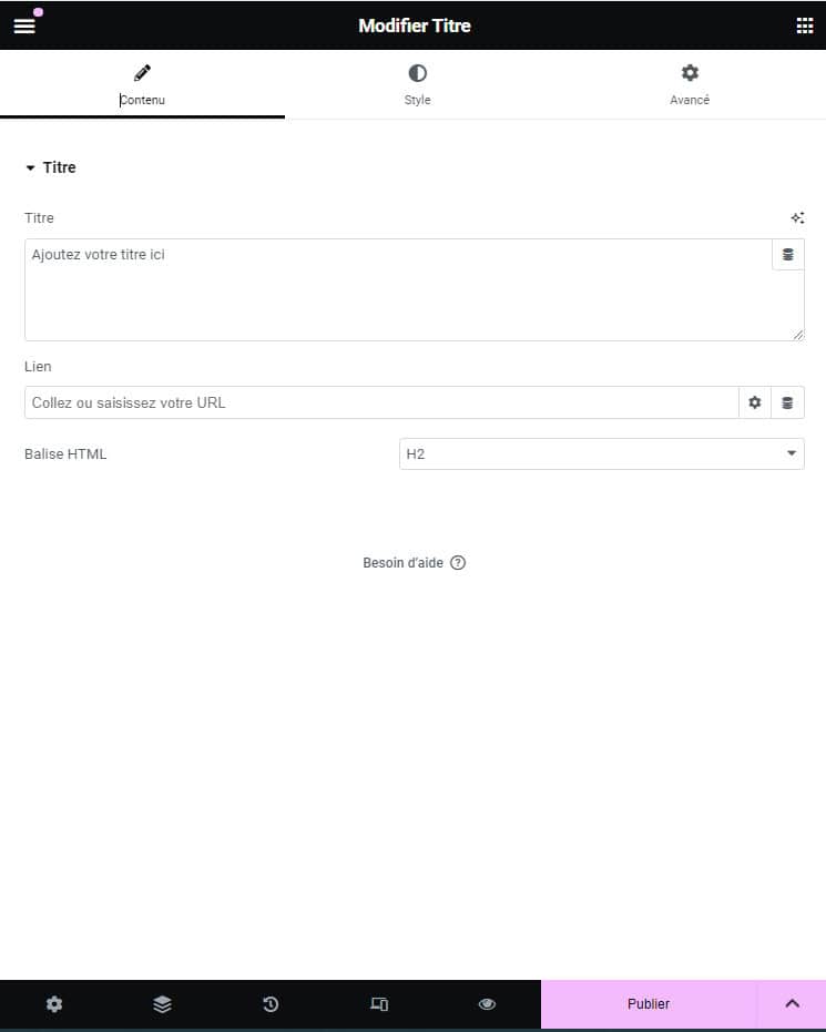 Les réglages du widget Titre d'Elementor
