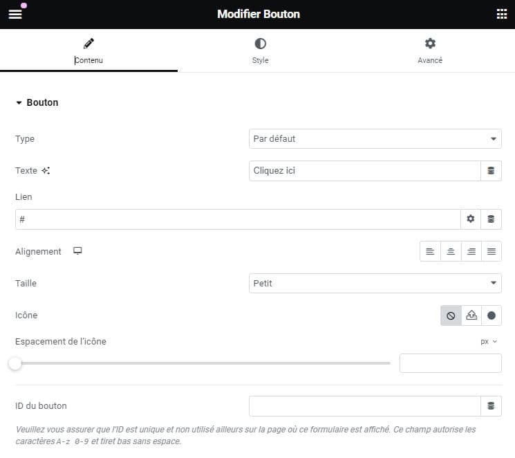 Les réglages du widget Bouton sur Elementor
