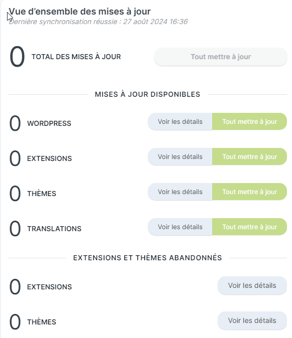 MainWP - Vue d'ensemble des mises à jour
