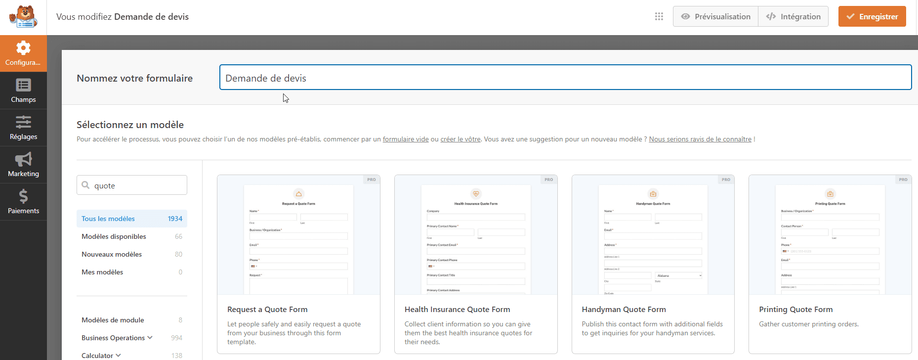 Formulaire de demande de devis WP Forms