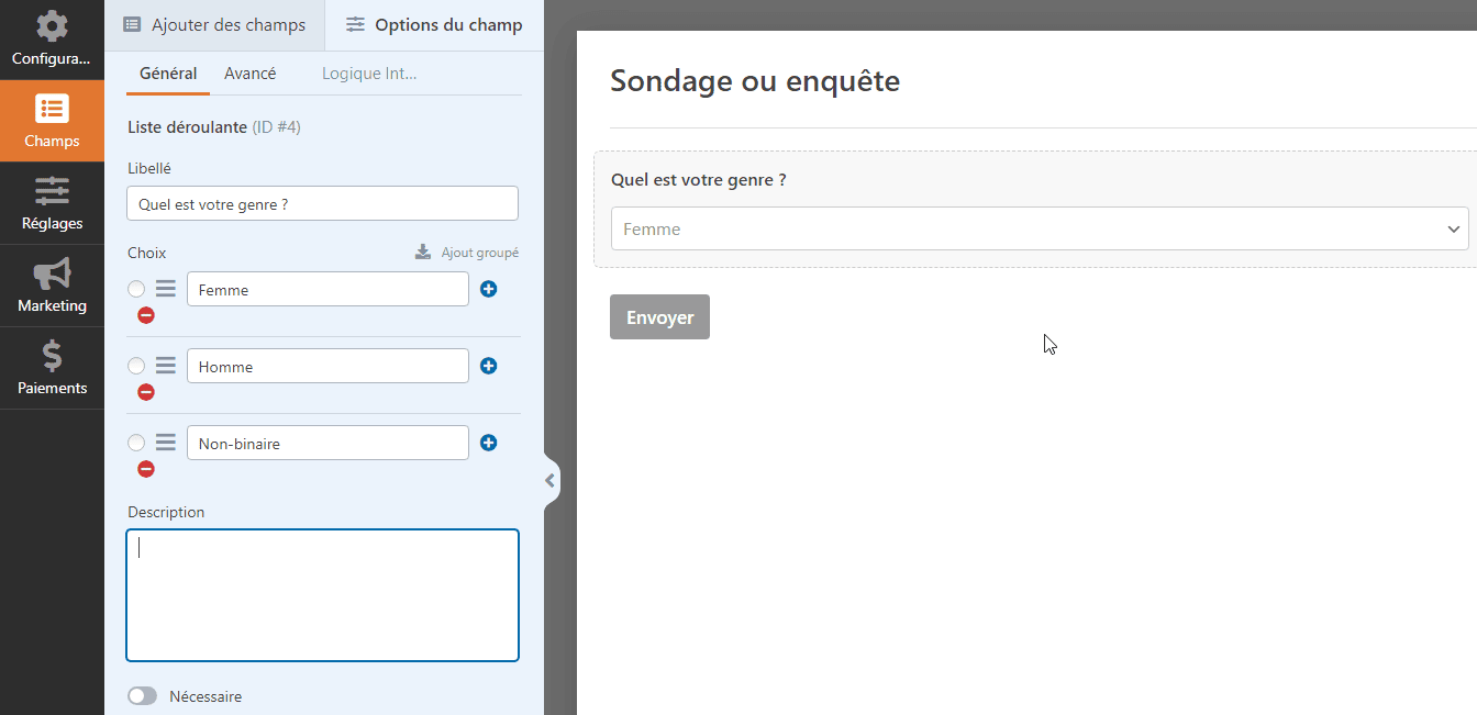 Sondage WP Forms liste déroulante