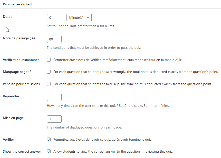 Réglages des quiz LearnPress