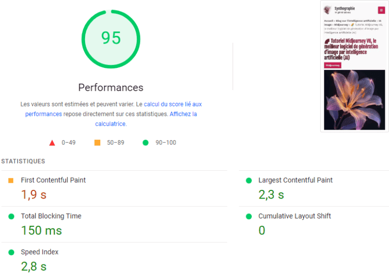 Pagespeed core web vitals après nettoyage des options