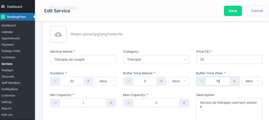 Création de service dans BookingPress