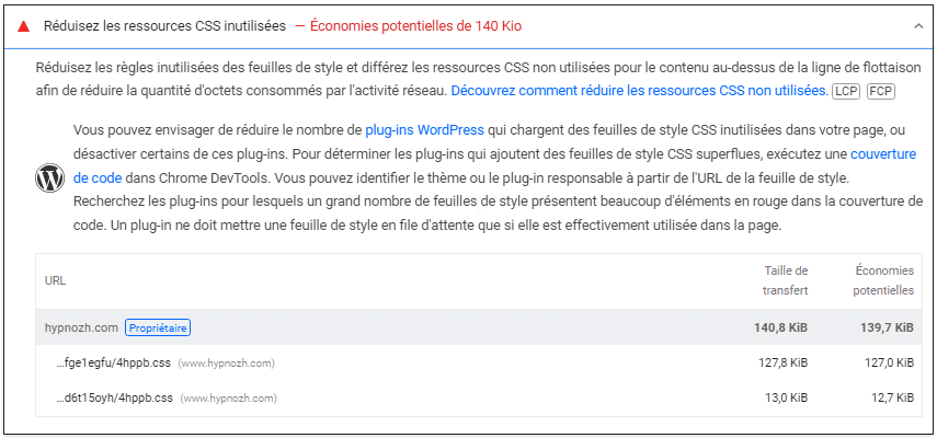 PageSpeed - Réduisez les ressources CSS inutilisées