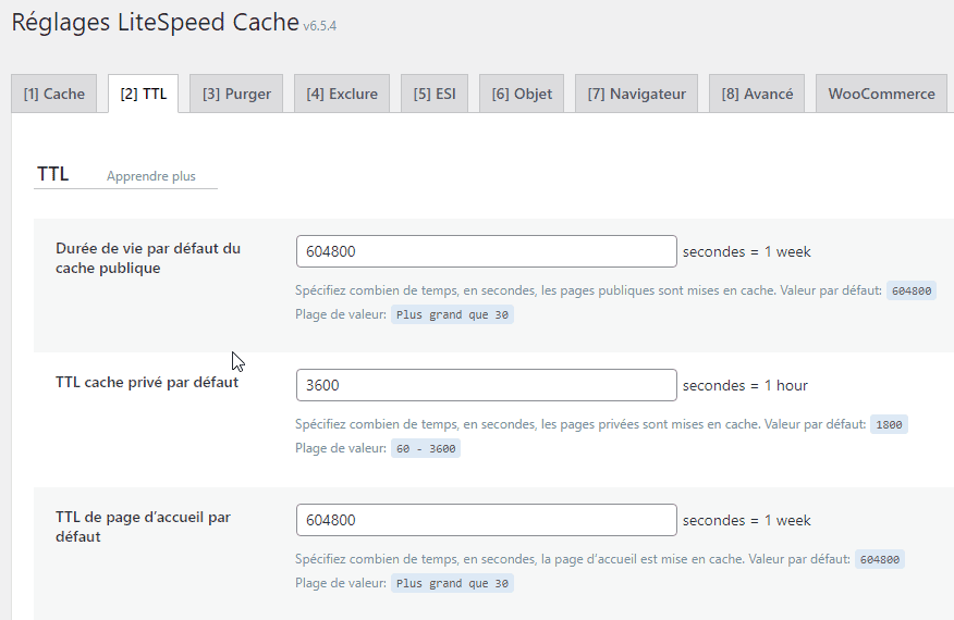 Réglages LiteSpeed Cache TTL
