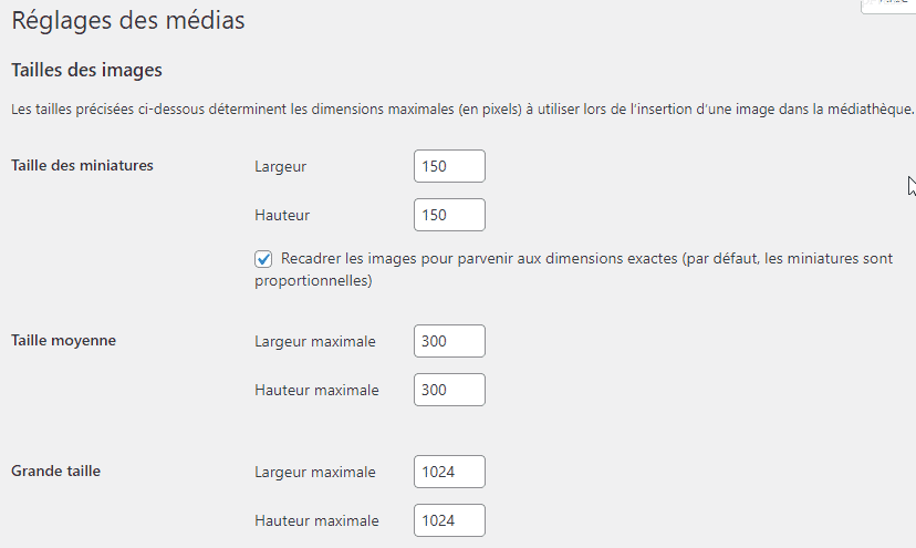 WordPress - Réglages des médias